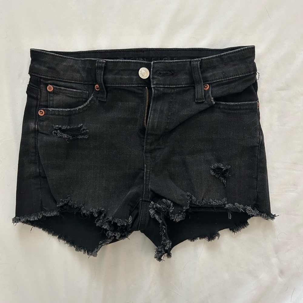 American Eagle distressed stretch high waisted jean shorts, washed black color